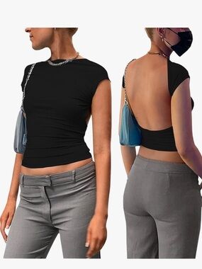 Black Open-Back Cap Sleeve Crop Top - Women